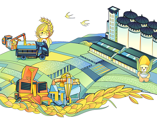 商业插画｜粮食和物资大型插画文化墙