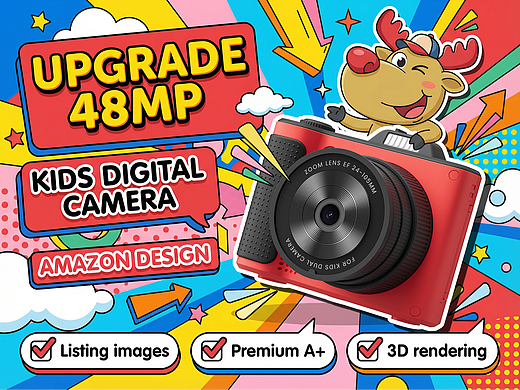 儿童相机亚马逊视觉设计（产品渲染+AI生图+排版设计）