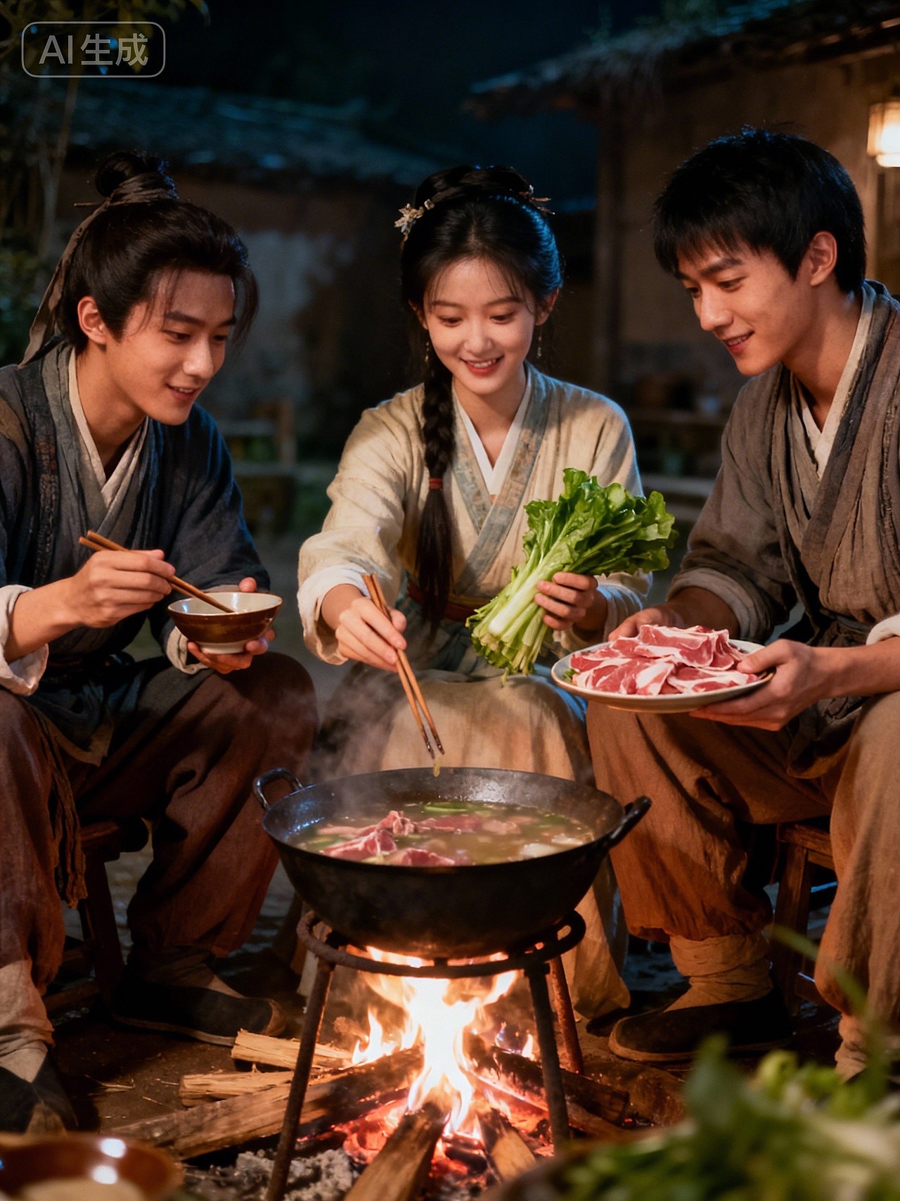 图片（吃火锅晚上三个人美女帅哥牛肉卷青菜筷子（图ZNDAxNjI2Mzc2） - AI作品 - 站酷设计师Z481361075原创素材 - 站酷ZCOOL