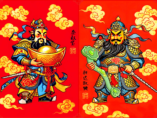 国风传统年画风格-金玉财神-秦叔宝-尉迟敬德