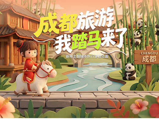 “成都旅游 我踏马来了”新年主题，城市旅行穿梭动画