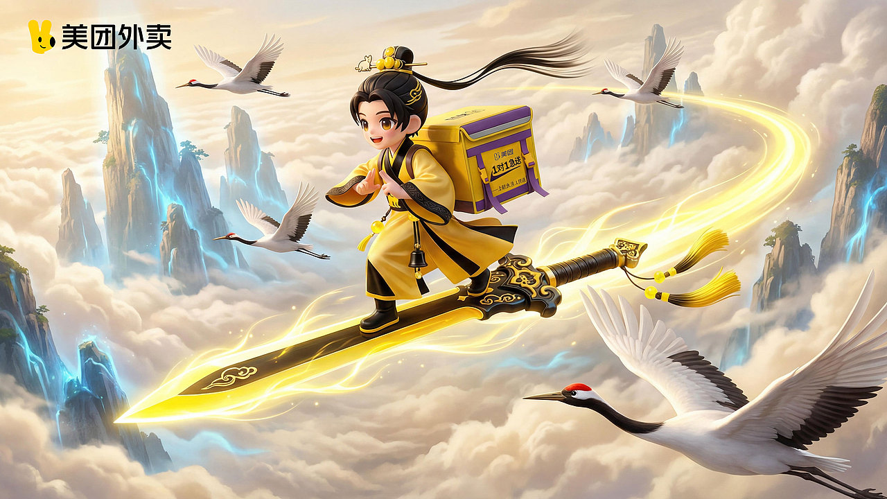 修仙界也能点外卖？居然还是御剑骑手！美团 1V1 急送：修仙订单已飞达（图ZNDAxNzE1Mzc2） - AI作品 - 站酷设计师秦时打的烂原创素材 - 站酷ZCOOL