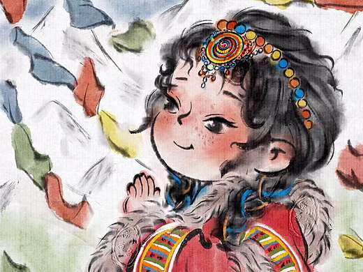 水墨插画，谁家的藏族小妹妹这么可爱