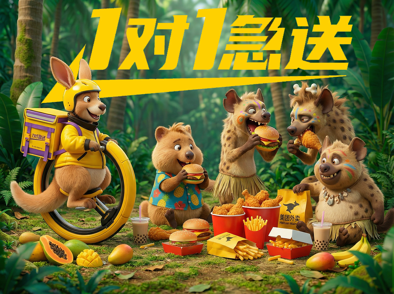 美团外卖 1 对 1 急送丨荒诞丛林，美味治愈（图ZNDAyMTM5Nzky） - AI作品 - 站酷设计师小杰AIGC原创素材 - 站酷ZCOOL