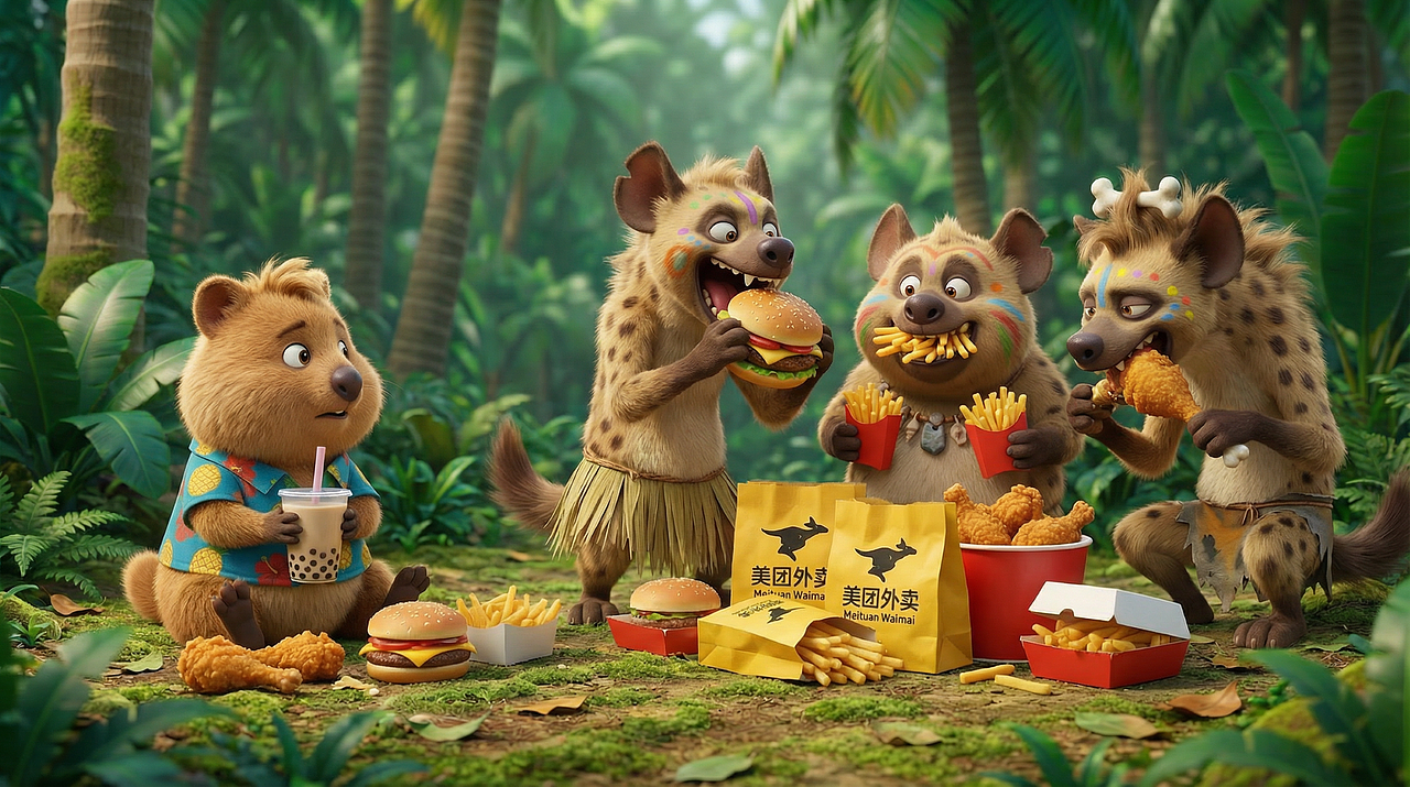 美团外卖 1 对 1 急送丨荒诞丛林，美味治愈（图ZNDAyMTM5ODQ4） - AI作品 - 站酷设计师小杰AIGC原创素材 - 站酷ZCOOL