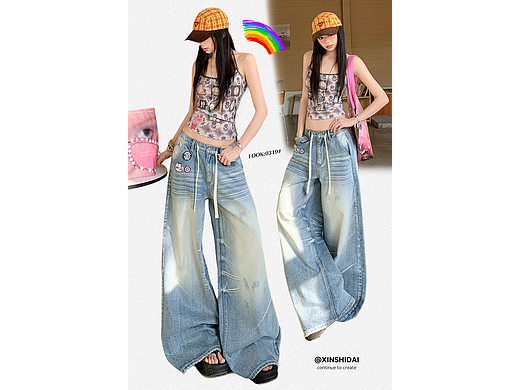 春夏美式辣妹网红牛仔弯刀裤女详情页排版海报模特拼图