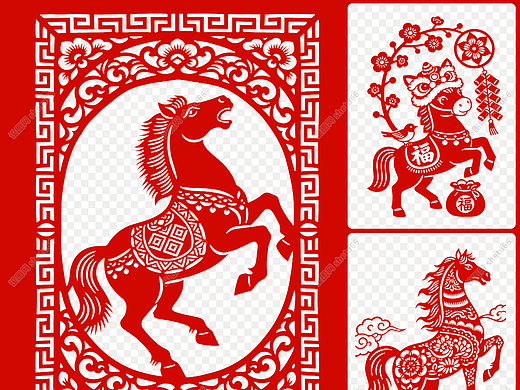 非遗免抠素材新年春节马年剪纸图案可商用素材-设图网