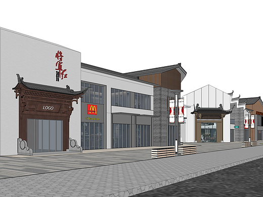 新中式商业街SU模型下载