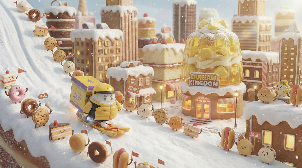 《当一颗饭团出发去送餐：在雪天城市里，美团外卖1对1急送把热乎准时送到》（图ZNDAyMjcyOTQw） - AI作品 - 站酷设计师可可曲奇AIGC原创素材 - 站酷ZCOOL