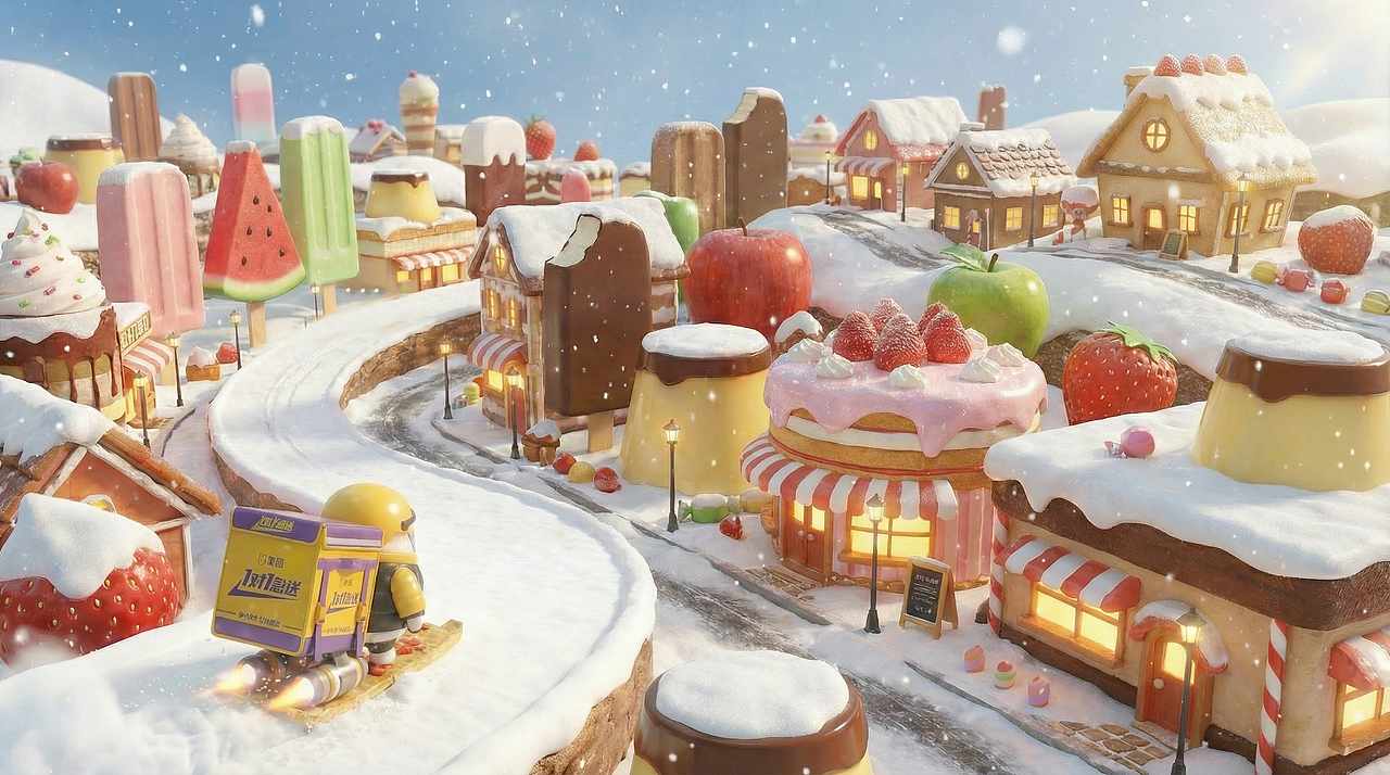 《当一颗饭团出发去送餐：在雪天城市里，美团外卖1对1急送把热乎准时送到》（图ZNDAyMjcyOTQ4） - AI作品 - 站酷设计师可可曲奇AIGC原创素材 - 站酷ZCOOL