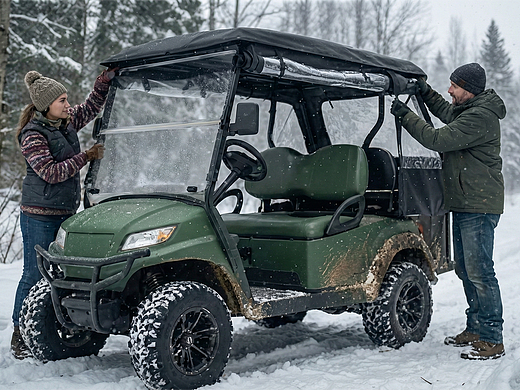 AIGC-雪天森林驾驶高尔夫球车宣传广告