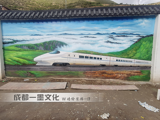 山水画墙绘，风景壁画，乡村文化墙