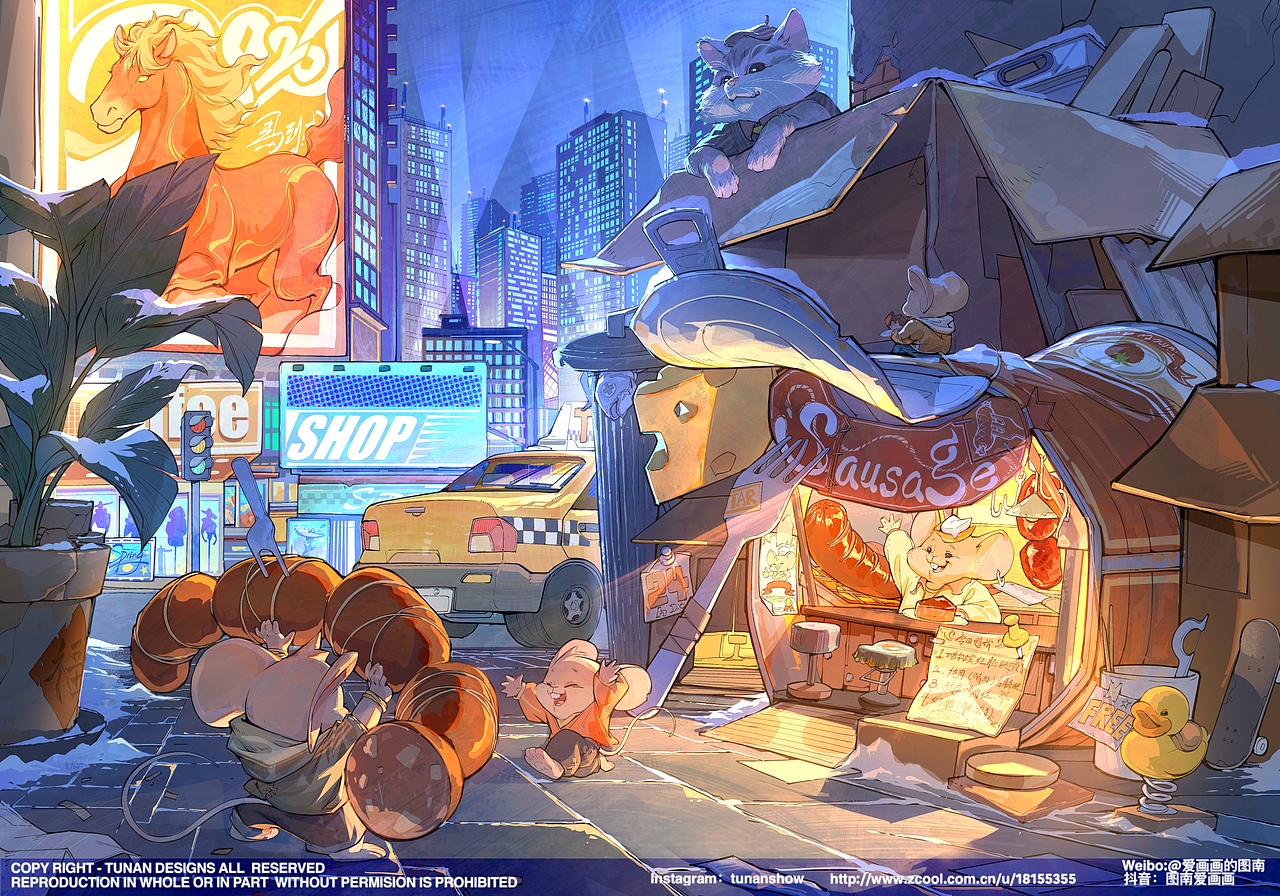 深夜的街角，开着这样一家专卖店，好像都是香肠（图ZNDAyNDgzMjc2） - 儿童插画 - 站酷设计师图南爱画画原创素材 - 站酷ZCOOL