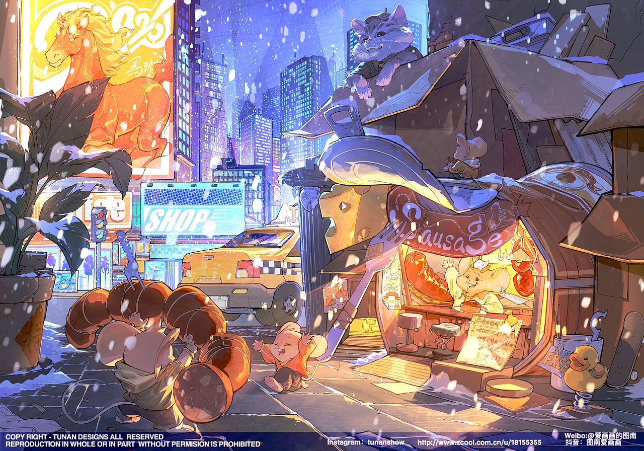 深夜的街角，开着这样一家专卖店，好像都是香肠（图ZNDAyNDgzMjY0） - 儿童插画 - 站酷设计师图南爱画画原创素材 - 站酷ZCOOL