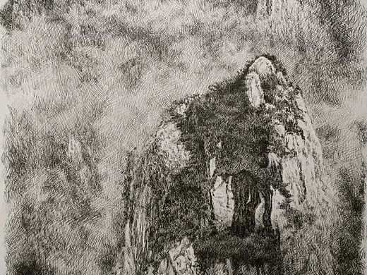 钢笔画《黄山云海》