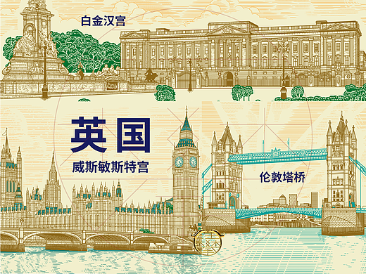 英国伦敦桥白金汉宫威斯敏斯特宫景点版画