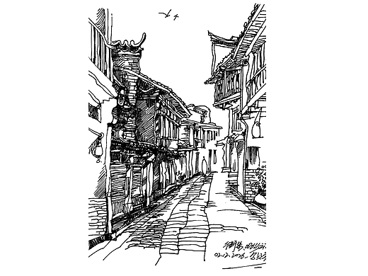 街景速写，关于钢笔画。