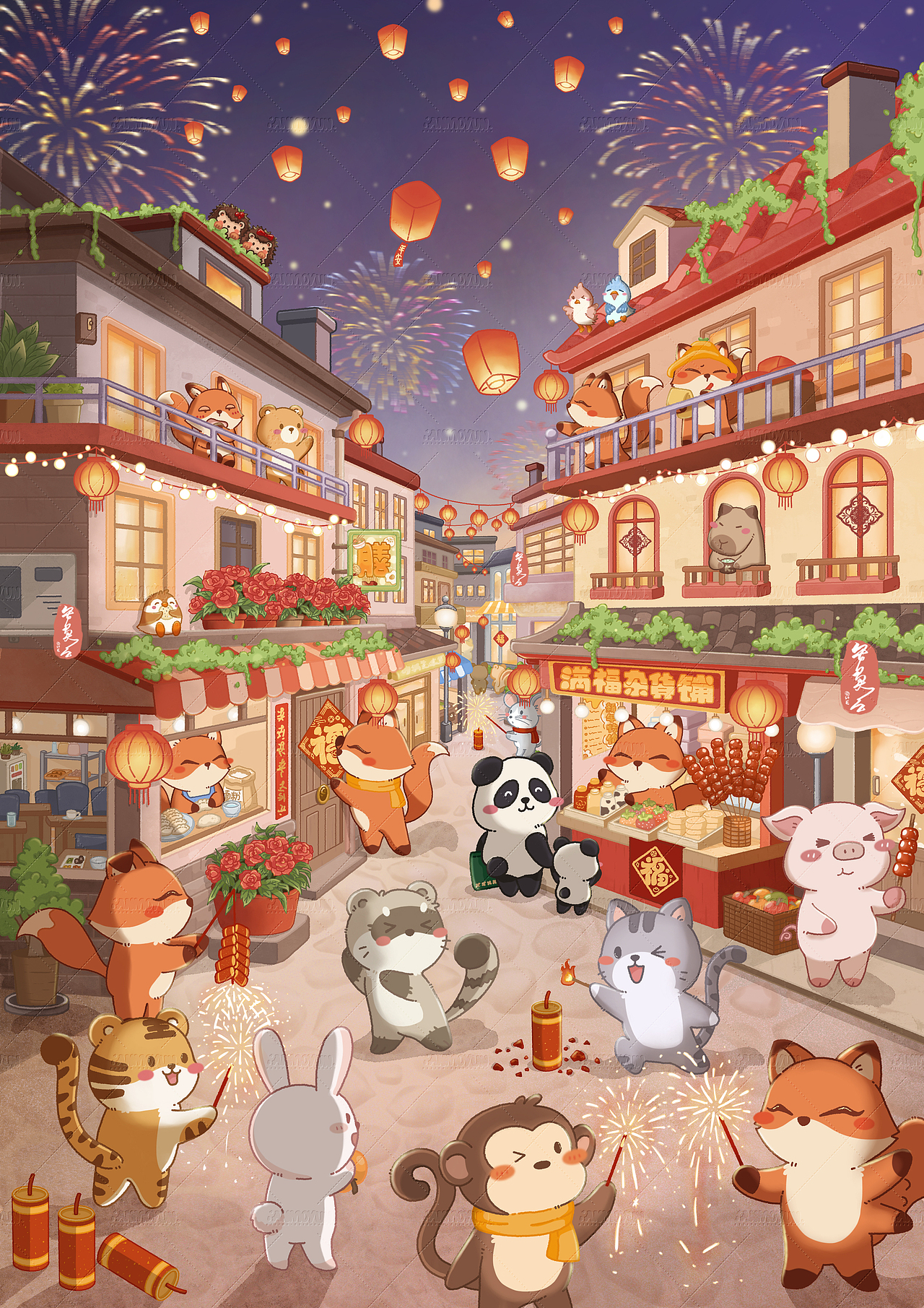 童話新年 福狐鄉(xiāng)系列新年賀圖 | 節(jié)日場景插畫（圖ZNDAyODUxNDA4） - 商業(yè)插畫 - 站酷設計師安莫云原創(chuàng)素材 - 站酷ZCOOL