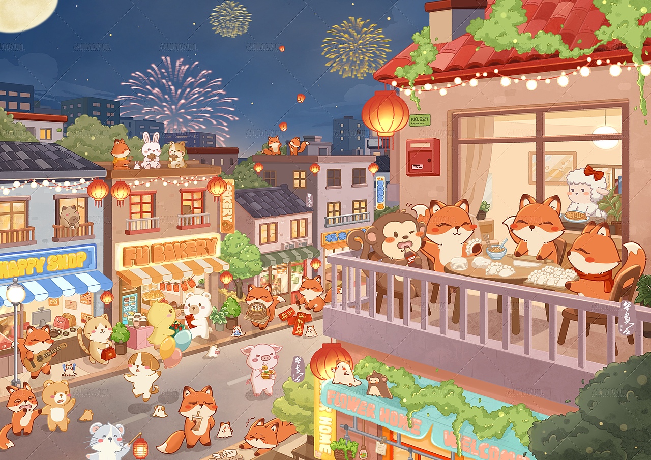 童話新年 福狐鄉(xiāng)系列新年賀圖 | 節(jié)日場景插畫（圖ZNDAyODU3NzY0） - 商業(yè)插畫 - 站酷設計師安莫云原創(chuàng)素材 - 站酷ZCOOL