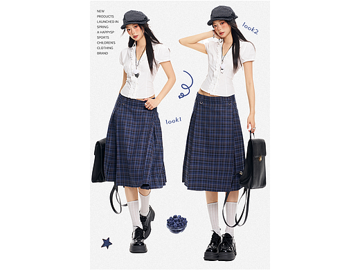 复古美式学院风格子半身裙详情页排版设计海报模特拼图