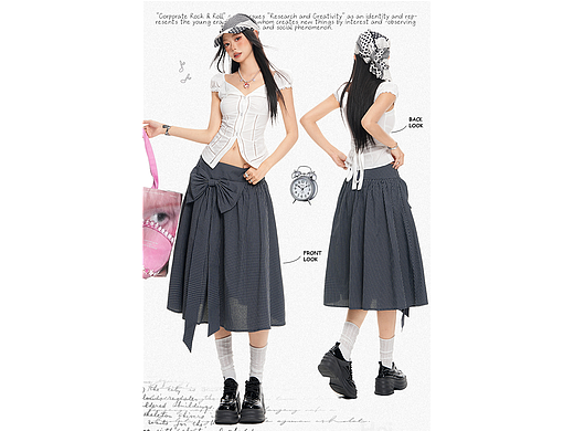 复古美式蝴蝶结格子半身裙详情页排版设计海报模特拼图