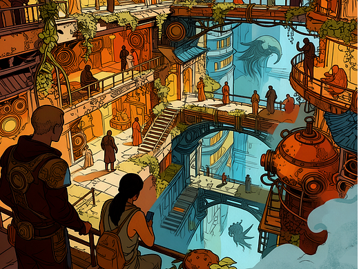 蒸汽朋克奇幻都市概念插画——机械共生游戏原画