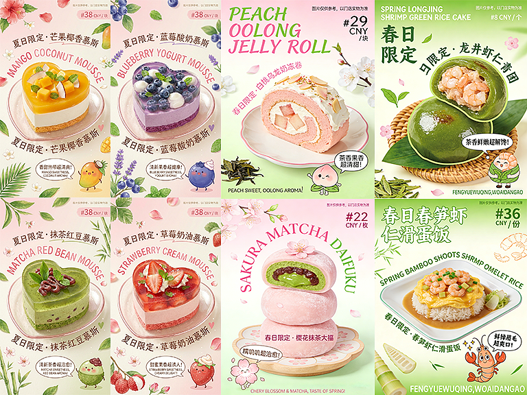 春日甜品美食宣传海报，春日限定菜单，惊艳到流口水（图ZNDAyOTc2OTI4） - AI作品 - 站酷设计师风浔曜琰原创素材 - 站酷ZCOOL