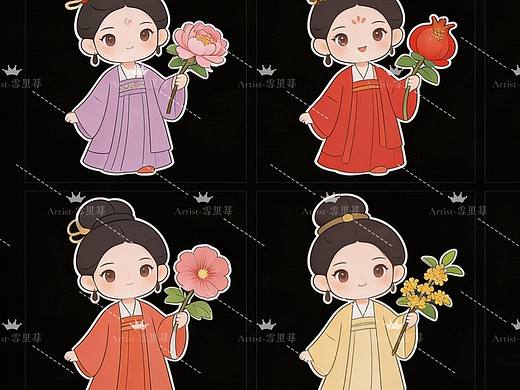 一组十二花神动漫手绘治愈系贴纸
