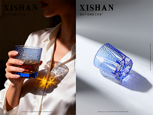 蓝色切子威士忌杯丨电商玻璃酒杯图片拍摄