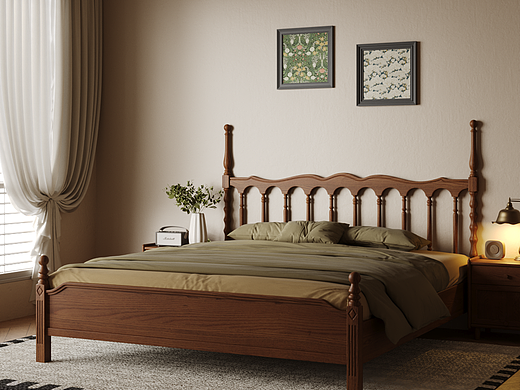 现代中古风美式实木床——渲染