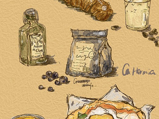 复古插画美食作品