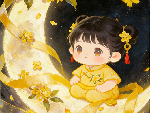 桂花月亮上的小女孩