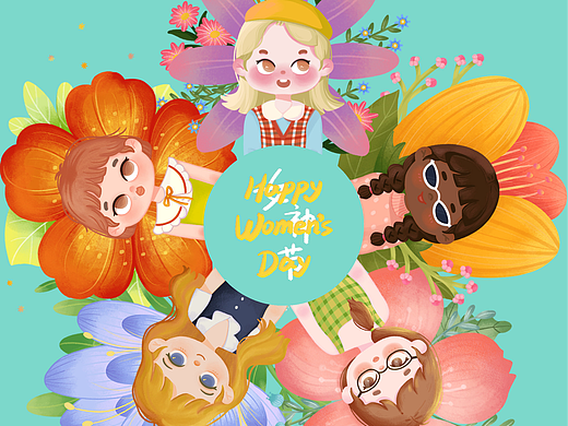 38女神节 | 花朵可爱卡通风手绘扁平插画 @大猫JOJO
