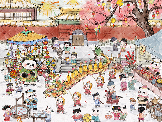 水墨古风元宵节逛庙会赏花灯插画