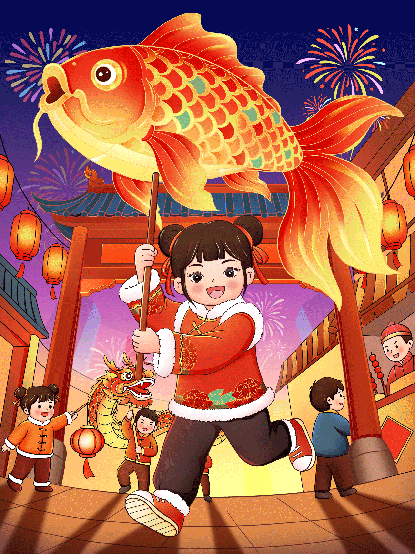 元宵节舞鱼灯国潮场景插画（图ZNDAzNDMyODAw） - 商业插画 - 站酷设计师萌鸦广告原创素材 - 站酷ZCOOL