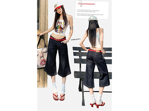 美式辣妹街头风牛仔裤七分裤微喇情页排版海报模特拼图