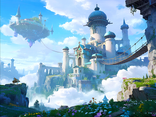 治愈系幻想浮空城堡｜AI场景｜横版