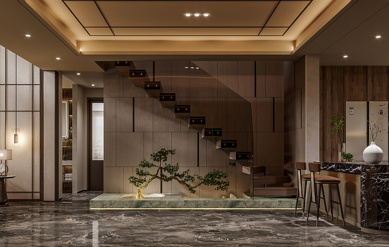 新中式挑空别墅客餐厅效果图表现（图ZNDA0MjAxNDgw） - 家装设计 - 站酷设计师王彤ing原创素材 - 站酷ZCOOL