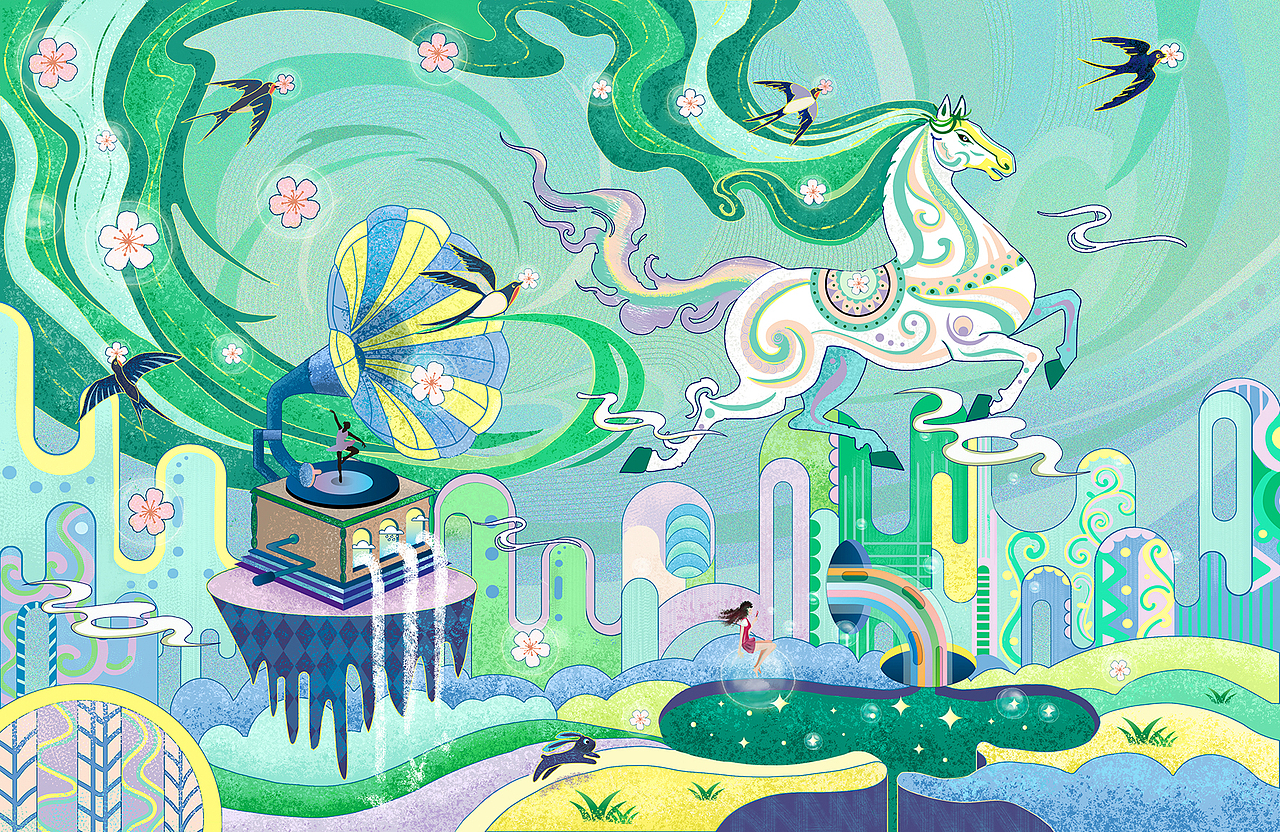 白马踏春（图ZNDA0MjA2MTQ0） - 商业插画 - 站酷设计师青行自在原创素材 - 站酷ZCOOL
