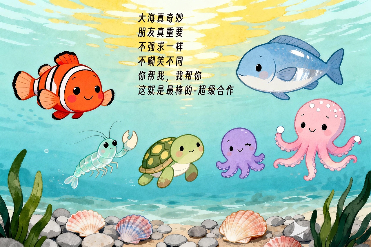 《大海里的超级合作》绘本（图ZNDA0MjM5NjQ4） - AI作品 - 站酷设计师小扁BIAN原创素材 - 站酷ZCOOL