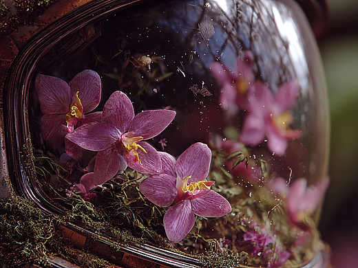 将光环头盔长满青苔与小花