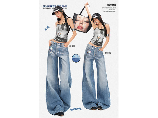 美式辣妹街头做旧复古蓝牛仔裤详情页排版海报模特拼图
