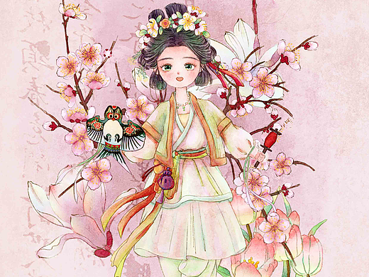 商业插画 | 春日杏花与纸鸢少女