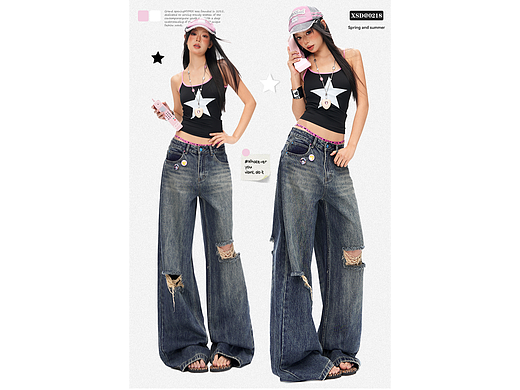 美式辣妹街头破洞拼接腰牛仔裤详情页排版海报模特拼图