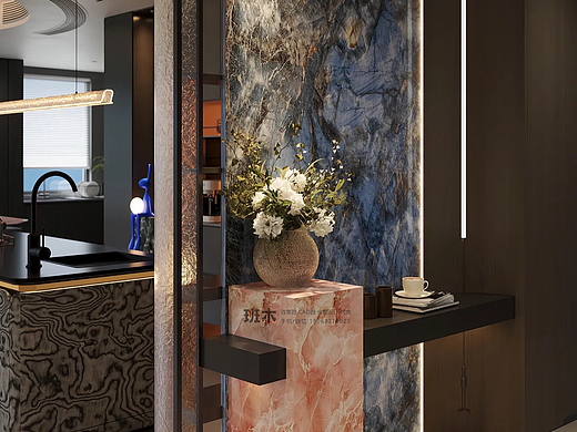 轻奢风玄关全案｜班木效果图 | 材质碰撞与灯光设计