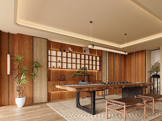 新中式茶室工装效果图案例