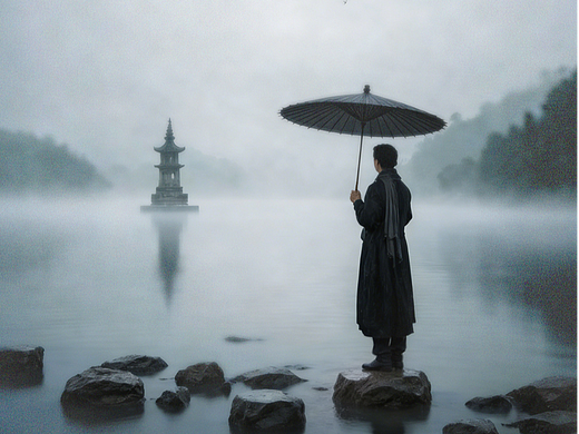 雾漫平湖 塔影沉波