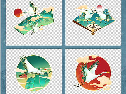 仙鹤祥云青绿山水国潮插画免抠元素商用素材png-设图网