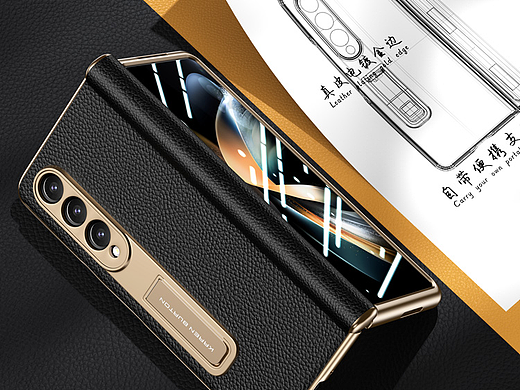 三星Fold 4带面盖真皮保护套详情页-渲染