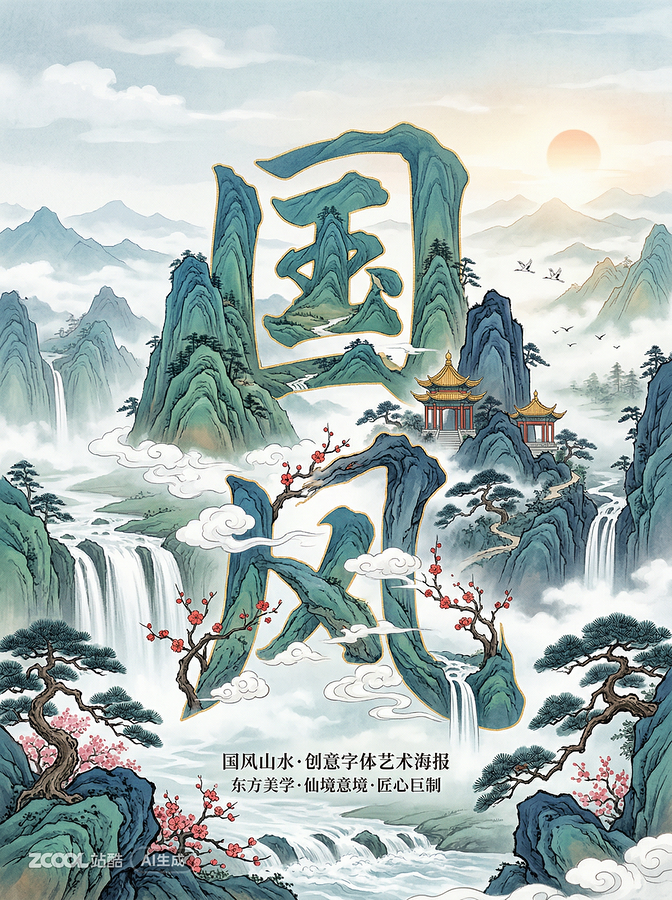 国风山水海报字体设计-国风